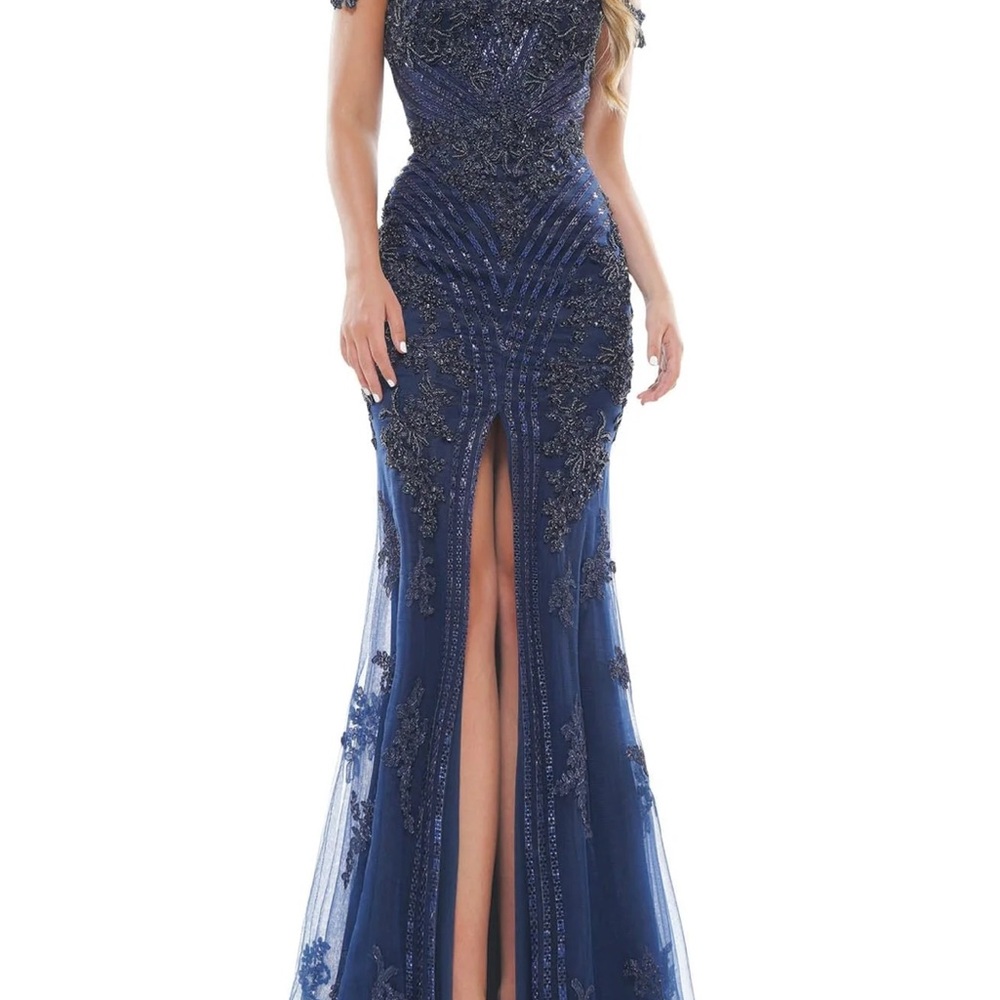 Blue Embellished Slit Prom Gown